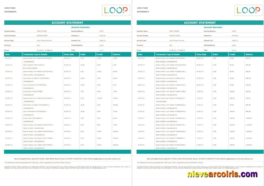 Kenya CBA Loop bank statement 6 pages